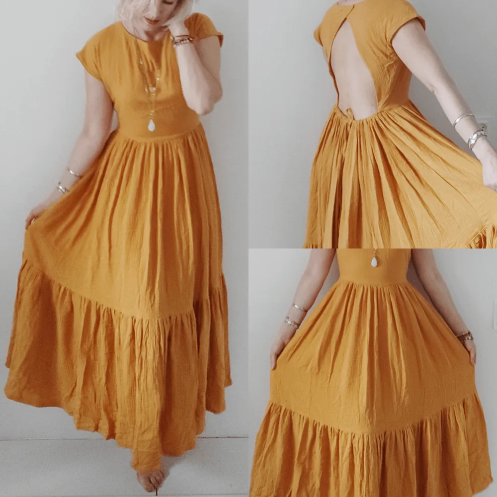 Kollane musliinist boho kleit kolmes vaates, lendleva seelikuosaga